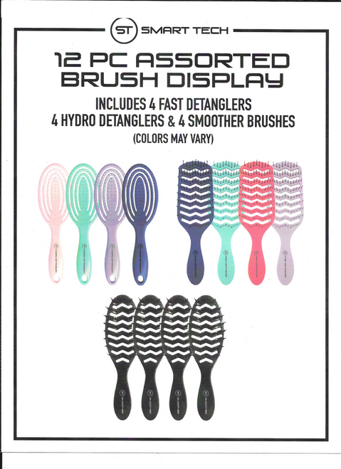 12 pc Assorted Smart Tech Brushes Will consist of 4 each  Detangler plus  Acrylic Display