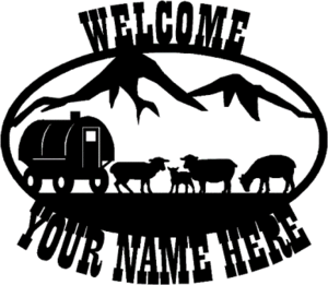 Sheep wagon mountain scene personalized welcome sign. CNC Plasma Cut from heavy gauge steel.