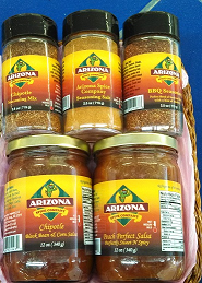Award winning sweet and spicy Peach Perfect Salsa with our mild Chipotle Salsa, Spicy Hot BBQ Rub, Spicy Chipotle Seasoning Mix and Mild Seasoning Salt.  All healthy and all natural.