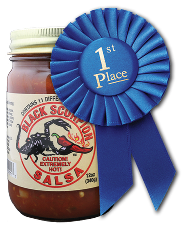 Black Scorpion™ Salsa: Heat backed by the flavor of 11 different kinds of peppers make this extra hot salsa sure to please the heat seeker who enjoys great flavor.  Rich, thick and chunky enough to pile on your steak, chicken or mix with rice for a great flavor.  