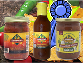 One each of our most recent award winners.  One Peach Perfect Salsa, One Sweet 16 BBQ Sauce, and one Green Chile and Garlic Salsa.  They are all mild to medium in heat level.