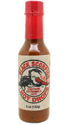 Larger 5 oz Bottle The Black Scorpion™ Drops: One of our hottest blends.  The Scorpion Pepper is still the hottest pepper.  It didn't fight for position in the Guinness Book of world Records but it is my experience it is still the hottest.  We use the Trinidad Moruga Scorpion pepper combined with the great flavor of smoked Ghost Pepper.  All made in a base of white wine. Heat seeker  tested and approved.