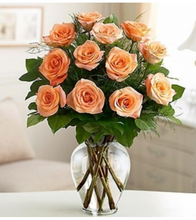 Fresh Peach Dozen Roses with Vase