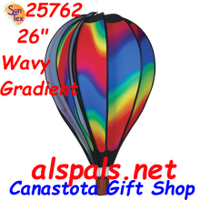 Wavy Gradient 26" Hot Air Balloons (25762) Wind Spinner. This 26" Wavy Gradient Hot Air Balloon is a vibrant display of colors. It certainly puts you in a happy state of mind as it rotates in a breeze