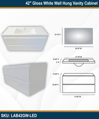 42" Gloss White Wall Hung Vanity Cabinet with LED Mirror