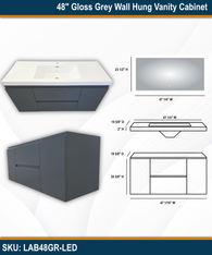 48" Gloss Grey Wall Hung Vanity Cabinet with LED Mirror