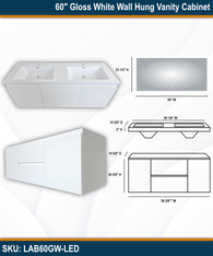 60" Gloss White Wall Hung Vanity Cabinet with LED Mirror