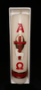 CIRIO DE CERA 2''X8'' DECORADO EN BAJO RELIEVE EN ROJO, BLANCO Y DORADO. CON CAJA

