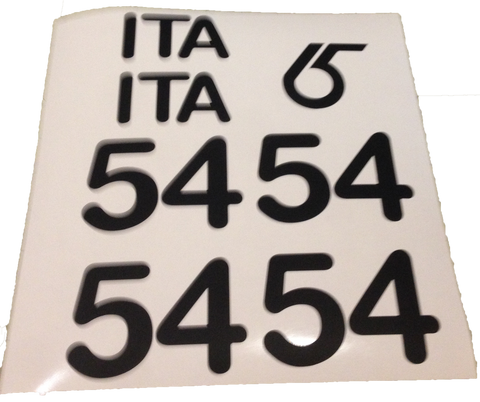 Custom Cut Vinyl Sail Number Set with Country Code and Class Logo. The Example shown is for the RG65 Class