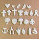heart*, puffy heart*, diaper pin*, moon*, crown*, cross 1, cross 2, cross 3, angel, star, teardrop, ribbon, tree, leaf, mushroom, flower, fleur-de-lis, anchor, wishbone, I love you hand, heart in hand, bottle, international breastfeeding symbol (* indicates a circle pendant setting)