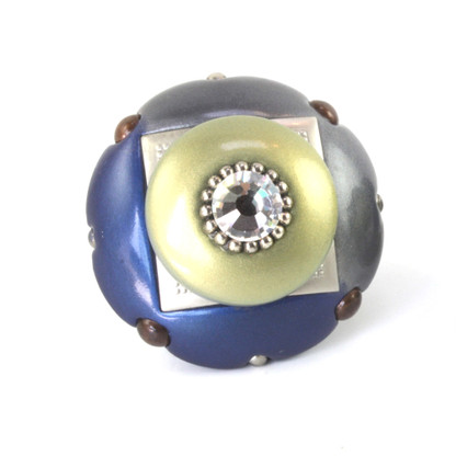 Mini duo knob 2 in. diameter in deep lapis, moonstone and jade with silver metal accents and crystal.