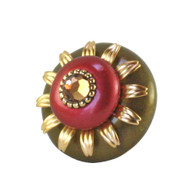 Mini Dahlia Knob Sunset Gold and Ruby 2 Inches Diameter with gold metal details and Swarovski Light smoke topaz crystal crystal