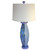 Blue Betty lamp  with retro shallow drum shade in white linen has paint treatment in lapis and light sapphire blue