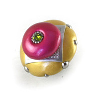 Mini Kyle knob light gold and fuchsia 2 in. diameter has silver metal details and olivine crystal