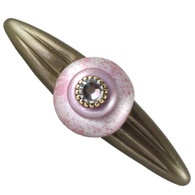Style #10 Pink Orbit Pull 5 inches with 4 inch hole span has gold metal accents and Swarovski Crystal.