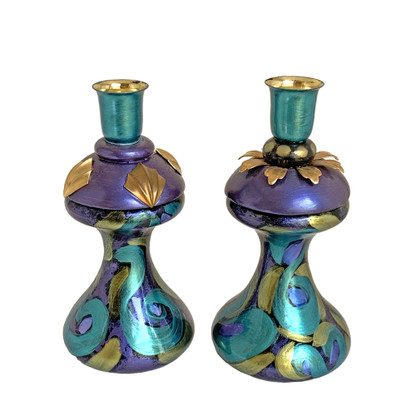Pair of Mr. and Mrs. candle holders in scrolly periwinkle, aqua and jade green paint finish