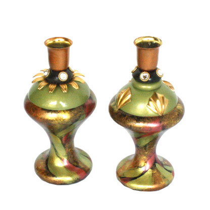 Pair of Mr. and Mrs. candleholders in splashy jade, coral and amber paint finish.