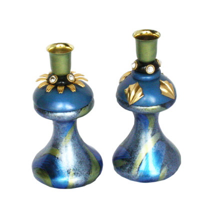 Pair of Mr. and Mrs. candleholders in splashy lapis, jade and light sapphire paint finish.