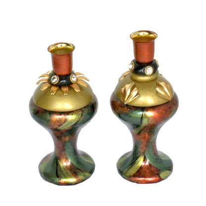Pair of Mr. and Mrs. candleholders in splashy gold, copper, emerald and jade  paint finish.