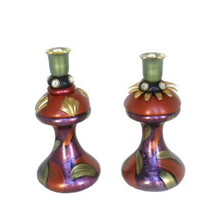 Pair of Mr. and Mrs. candle holders in splashy copper, garnet and jade  paint finish.