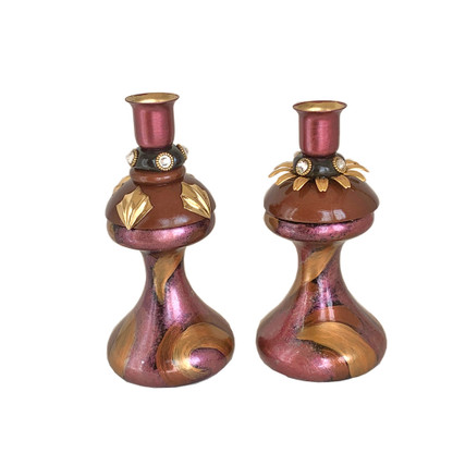 Pair of Mr. and Mrs. candleholders in splashy agate, amber and garnet  paint finish.