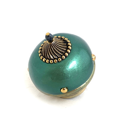 Nu mini style 5 knob emerald 1.5 inches diameter with gold metal accents.