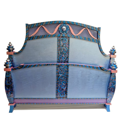 Barcelona bed mid size  footboard with paint finish in light sapphire blue  with lapis, periwinkle,and pale pink accents