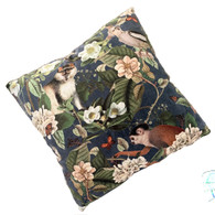  Printed velvet Panama pillow is a rain forest with golden monkeys and creamy white birds and flowers surrounded in shades of green and chalky blue .