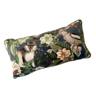  Printed velvet Panama pillow is a rain forest with a golden monkey, a creamy white cockatiel, flowers  and butterflies surrounded in shades of green and chalky blue .