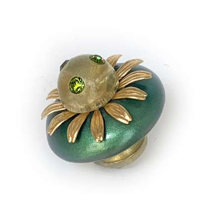 Mini Anemone knob in emerald with glittery gold cabochon and gold metal petals 