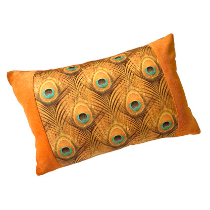 Sofia lumbar pillow has a golden peacock feather print surrounded by velvet in tangerine orange
