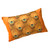 Sofia lumbar pillow has a golden peacock feather print surrounded by velvet in tangerine orange