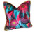 Bora Bora printed velvet pillow is a sea garden of abstract shapes in  aqua and star bursts of hot fuchsia pink 