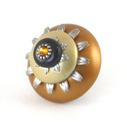 Mini Sunflower Deep Gold knob 2 inches diameter with silver metal details and topaz crystal