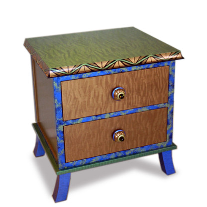Rumba 2 Drawer End Table Nightstand with Amber and Emerald Paint Finish