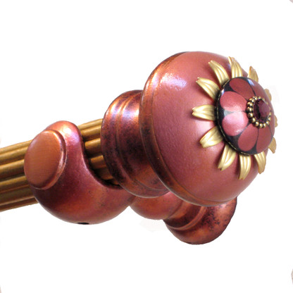Poppy window decor set in coral and ruby with matching bracket and wooden reeded rod 1 3/8" diameter