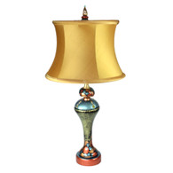 Roxy accent lamp with dupioni silk drum shade in silk aztec gold