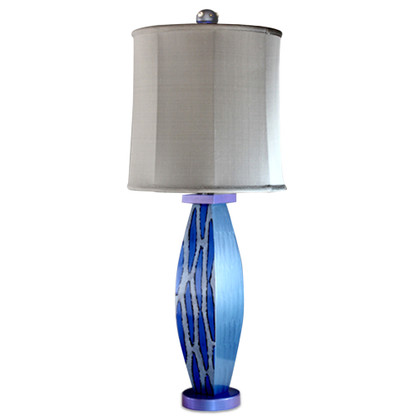 Blue Betty lamp  with tall drum shade in gray silk has paint treatment in lapis and light sapphire blue