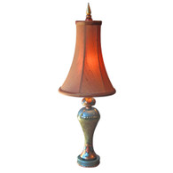 Roxy accent lamp with bell silk shade in pecan emits a warm toasty glow.