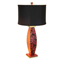 Fab Flora lamp  with shallow drum shade in black silk has paint treatment in amber, ruby and citrine green