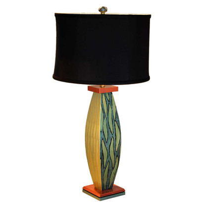 Celery Sal lamp with shallow drum shade in black silk has paint treatment in aqua, citrine green and copper