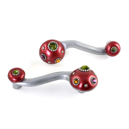 Style 6 Ruby Eel left and right oriented Pulls 4.5 In. with 3.5 In. hole span have silver metal accents and multi-colored crystals