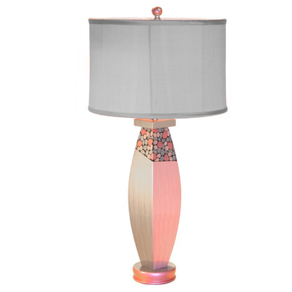 posh pam  table lamp with shallow drum shade in gray dupioni silk 