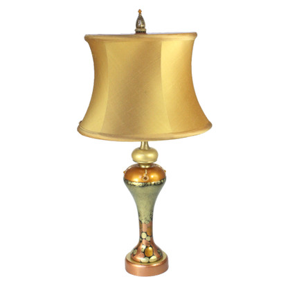 Greta accent lamp with drum silk shade aztec gold in deep gold and light gold paint finish