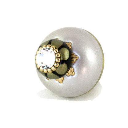 Nu Ivory knob 1.5 in. diameter in alabaster and jade with gold metal details and swarovski crystals.