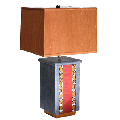 Olio table lamp in ruby, deep gold and rustic oak with soft rectangular box shade in pecan