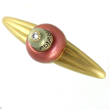Duchess coral orbit Pull 5.25 Inches with 4 Inch hole Span has gold metal accents and crystal