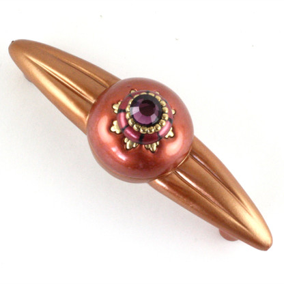Poppy Coral Orbit Pull 5.25 inches with 4 inch hole span has gold metal accents and Swarovski Amethyst Crystal.