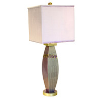 Lilac Lizzy  Lamp with Square shade in Orchid silk has ripple and  Tigress paint finish in mauve and deep opal