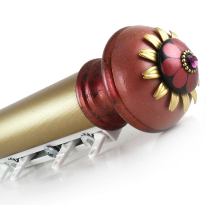 Traverse System  Hand Drawn 2" diameter smooth  rod with gold finish and Poppy  finial Coral and ruby